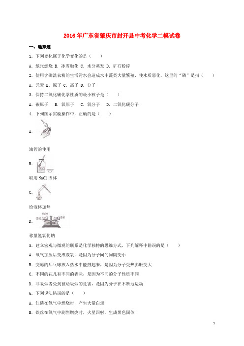 广东省肇庆市封开县2016年中考化学二模试卷(含解析)