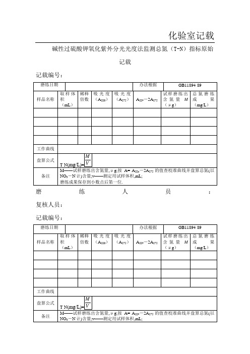 6碱性过硫酸钾氧化紫外分光光度法监测总氮(T-N)指标原始记录