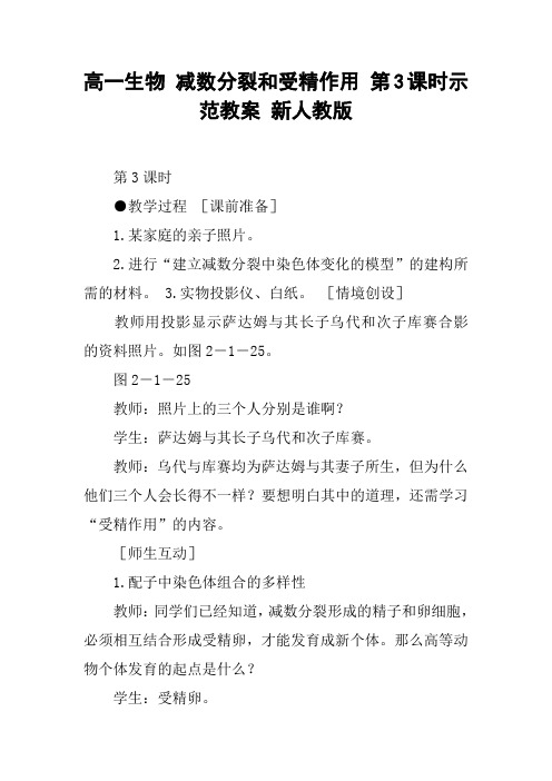 高一生物 减数分裂和受精作用 第3课时示范教案 新人教版