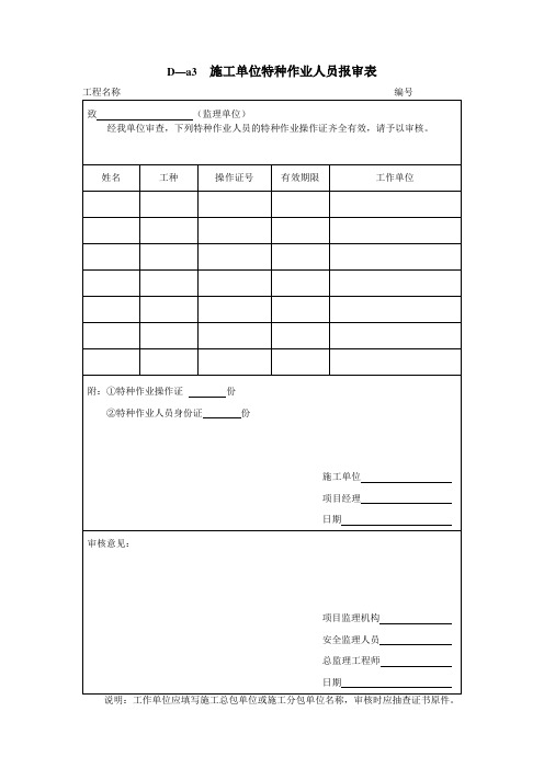 施工单位特种作业人员报审表