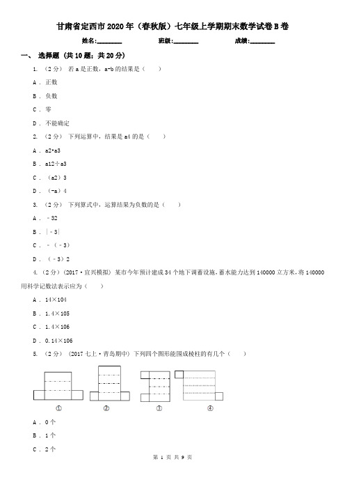 甘肃省定西市2020年(春秋版)七年级上学期期末数学试卷B卷