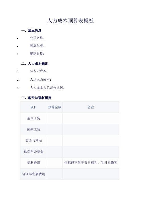 人力成本预算表模板