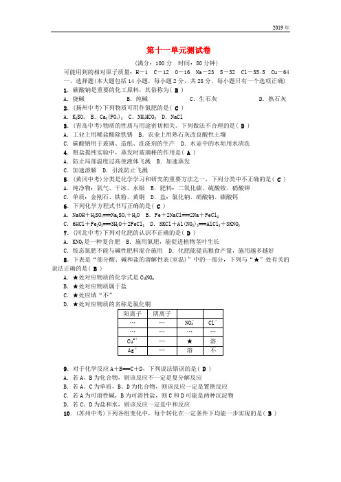 (广东专版)2018年秋九年级化学下册 第十一单元 盐 化肥测试卷 (新版)新人教版