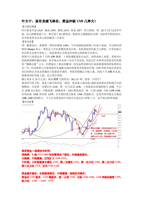 2013年8月13日叶大干(黄金)+叶大干：虽有龙城飞将在,黄金冲破1348几率大!