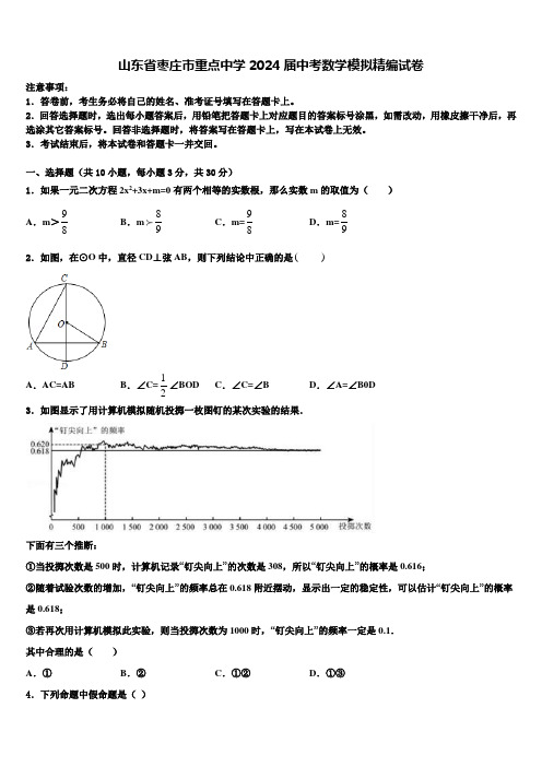 山东省枣庄市重点中学2024届中考数学模拟精编试卷含解析