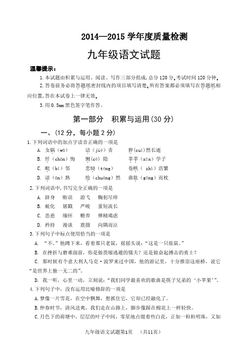 2015年5月九年级语文试题及参考答案
