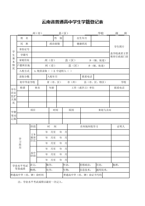 云南省普通高中学生学籍登记表