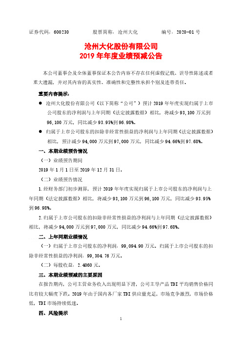 沧州大化：2019年年度业绩预减公告