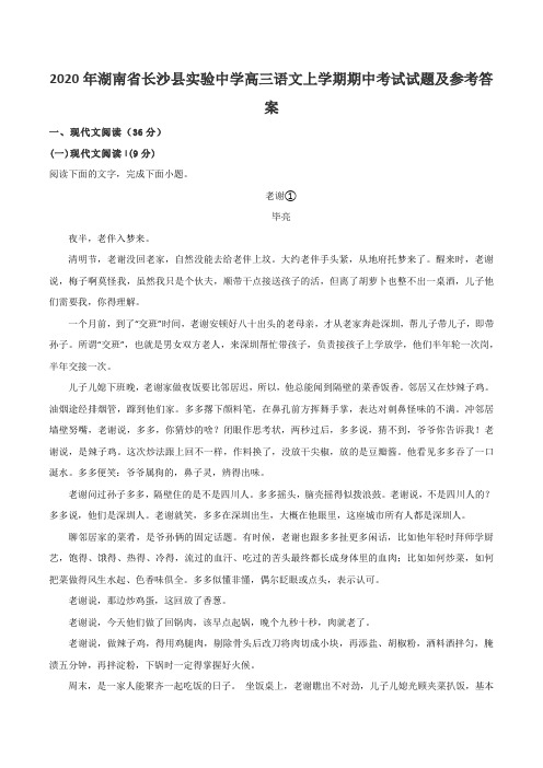 2020年湖南省长沙县实验中学高三语文上学期期中考试试题及参考答案