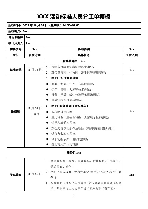 活动标准人员分工单模板