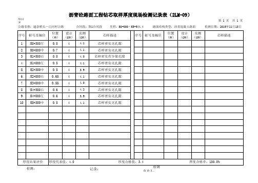 沥青路面工程面层钻芯取样厚度现场检测记录表(2LM-09)