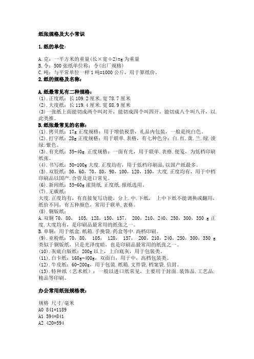 纸张规格及大小常识