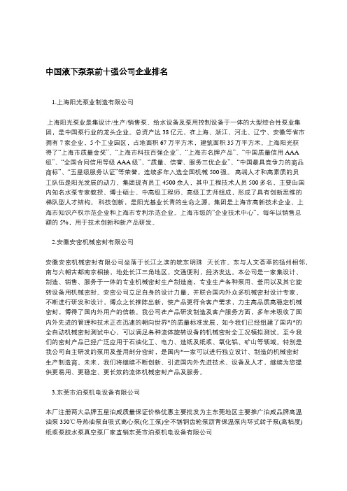 中国液下泵泵前十强公司企业排名