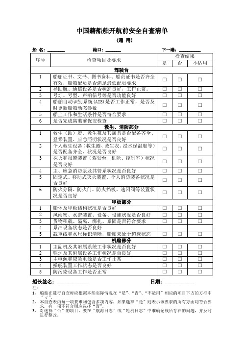 船舶开航前安全自查清单