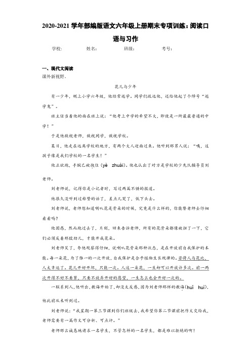 2020-2021学年部编版语文六年级上册期末专项训练：阅读口语与习作 (2)