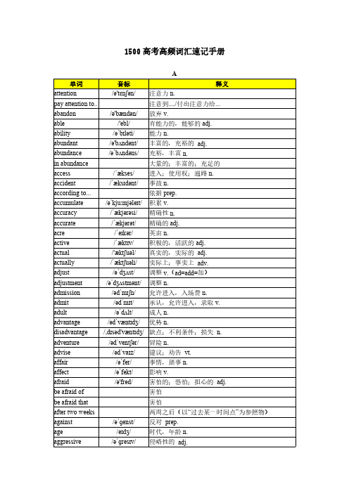 2021年高考英语1500高频词汇速记手册
