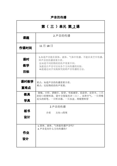 教科版四年级上册科学《声音的传播》教案-最新