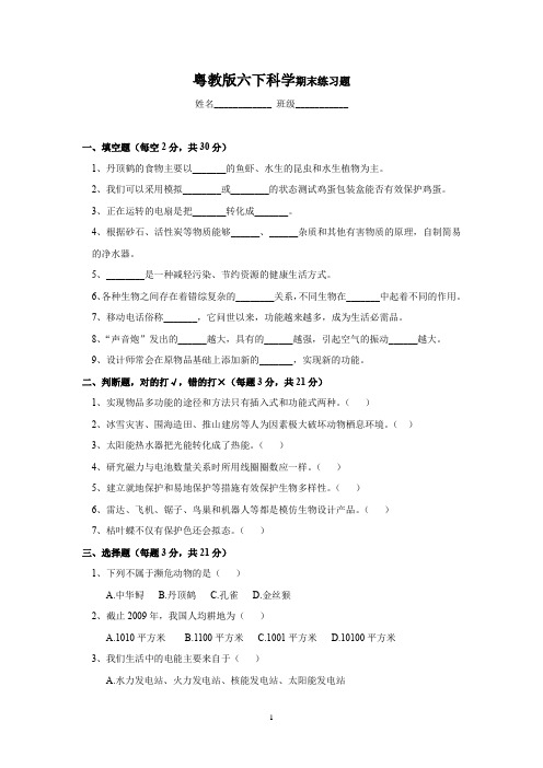 粤教粤科版小学科学六年级下册科学期末练习题