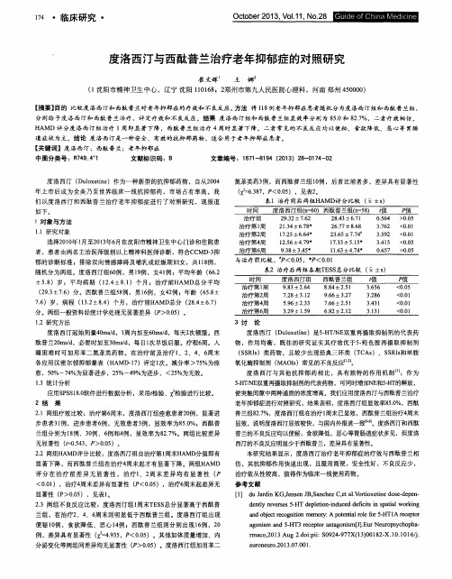 度洛西汀与西酞普兰治疗老年抑郁症的对照研究