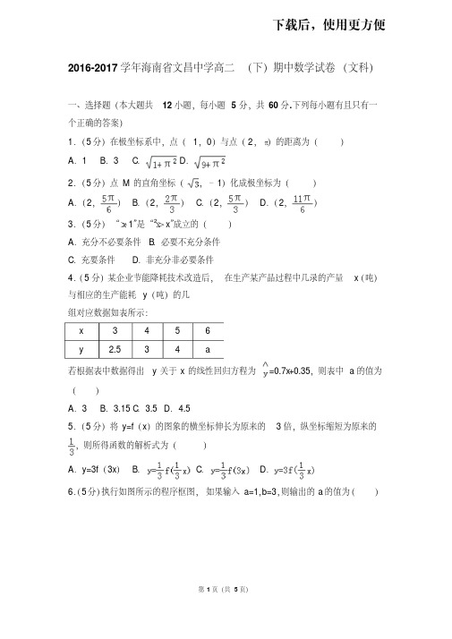 【精品】2016-2017学年海南省文昌中学高二(下)期中数学试卷(文科)