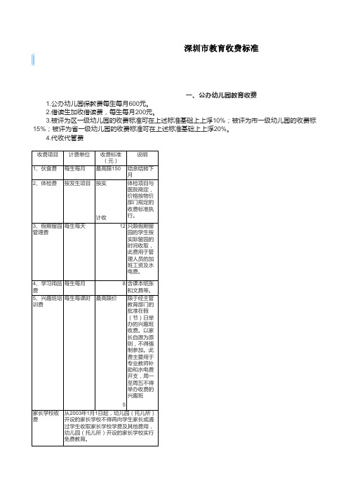 深圳市公办学校收费标准