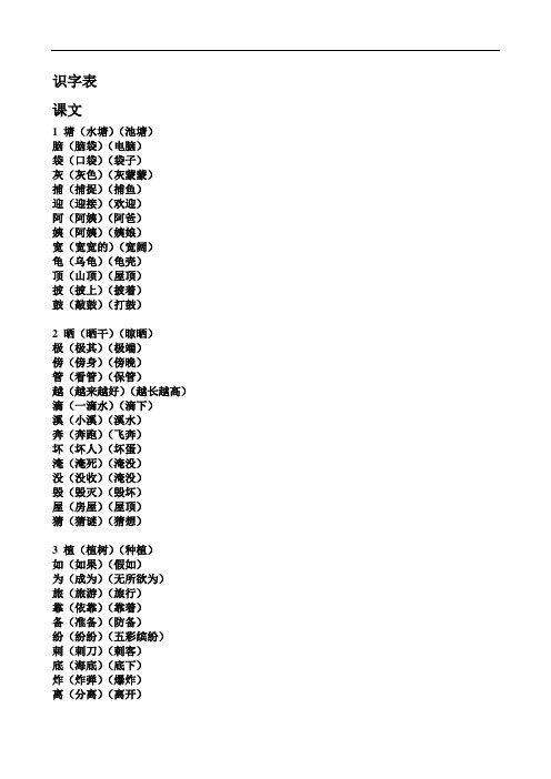 二年级上册语文生字表组词