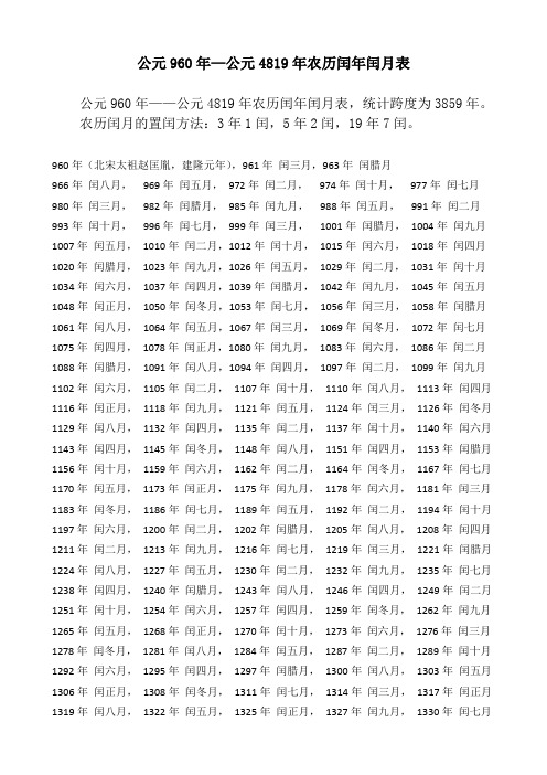 公元960年—公元4819年农历闰年闰月表