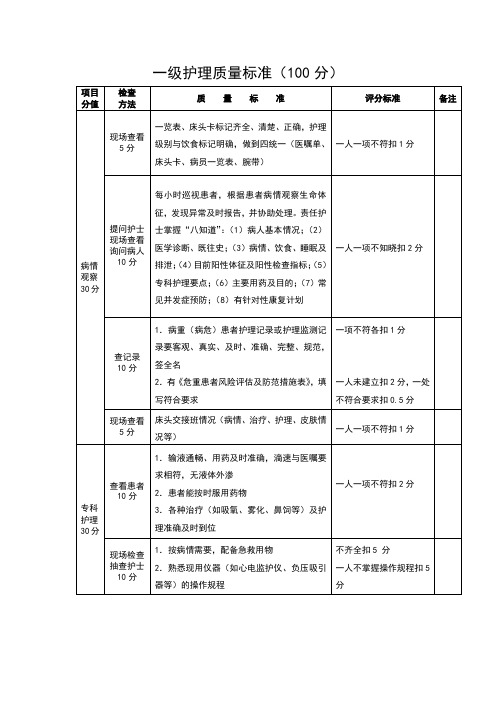 一级护理质量标准