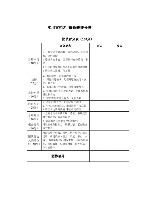 实用文档之辩论赛评分表(完整版)