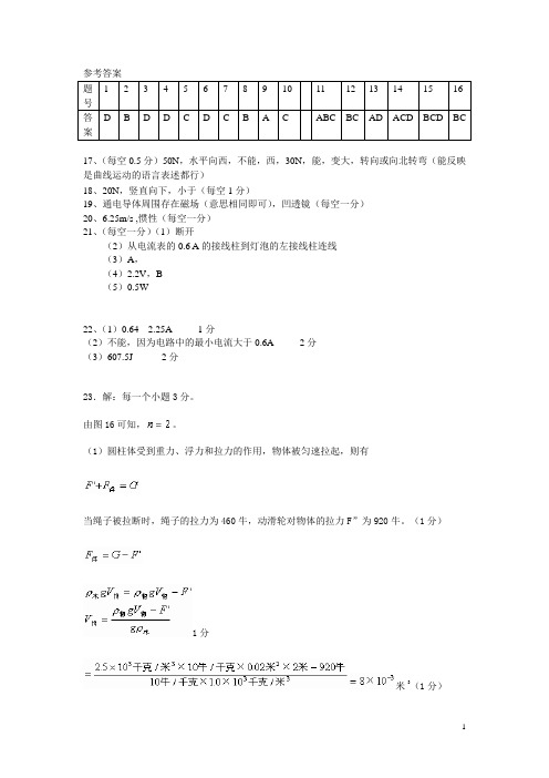 济南外国语学校2010年高中全省招生试题物理参考答案