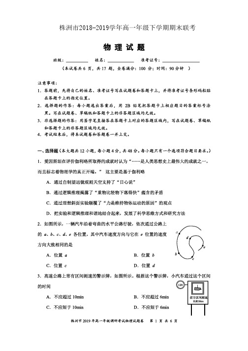 湖南省株洲市2018-2019学年高一下学期期末联考物理试题和答案