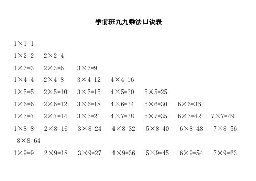 小九九乘法口诀表(免费打印)