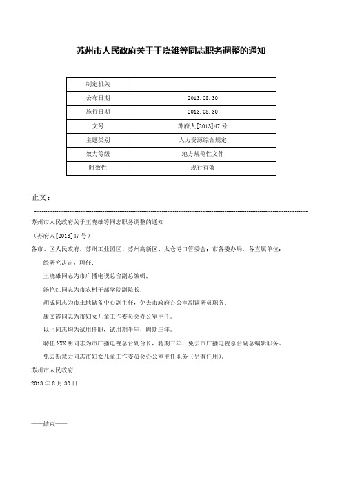 苏州市人民政府关于王晓雄等同志职务调整的通知-苏府人[2013]47号