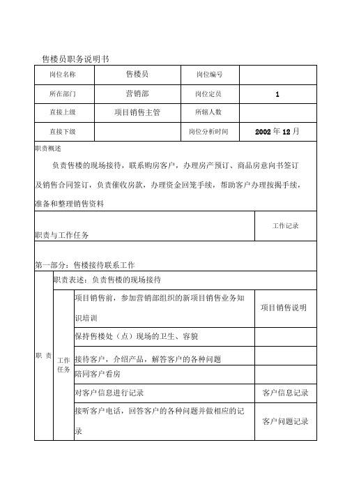 房地产开发公司售楼员职务说明书