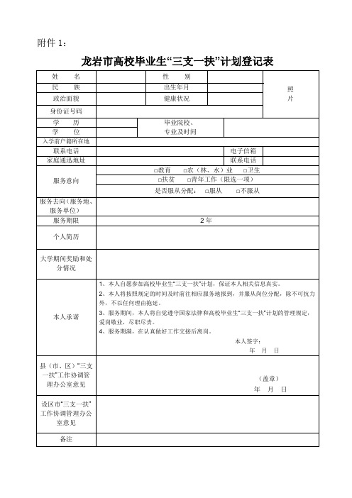 龙岩市高校毕业生“三支一扶”计划登记表