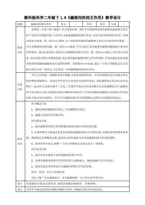 教科版 二年级下册科学 《磁极间的相互作用》教案