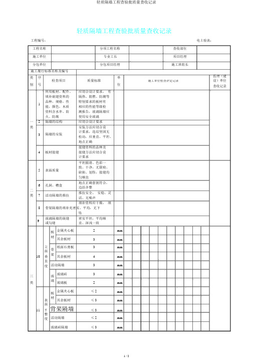 轻质隔墙工程检验批质量验收记录