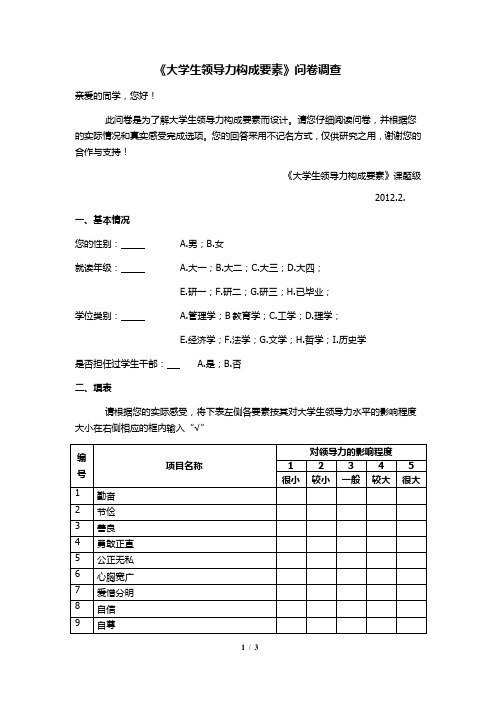 大学生领导力构成要素问卷