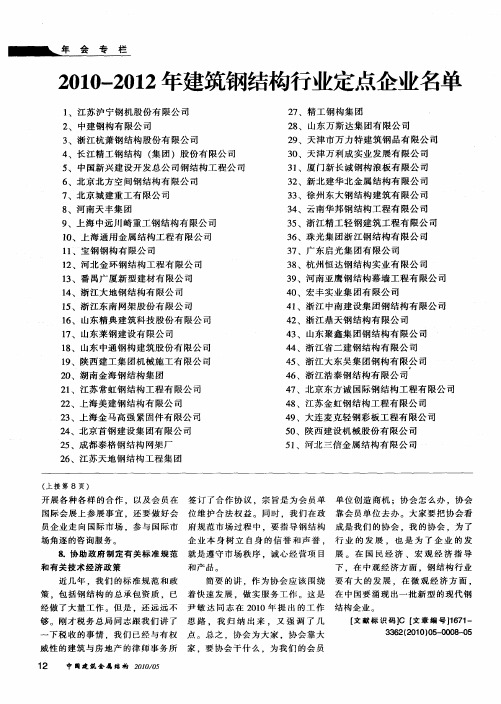 2010-2012年建筑钢结构行业定点企业名单