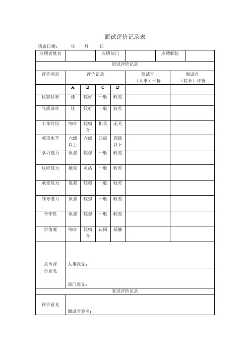 面试评价记录表