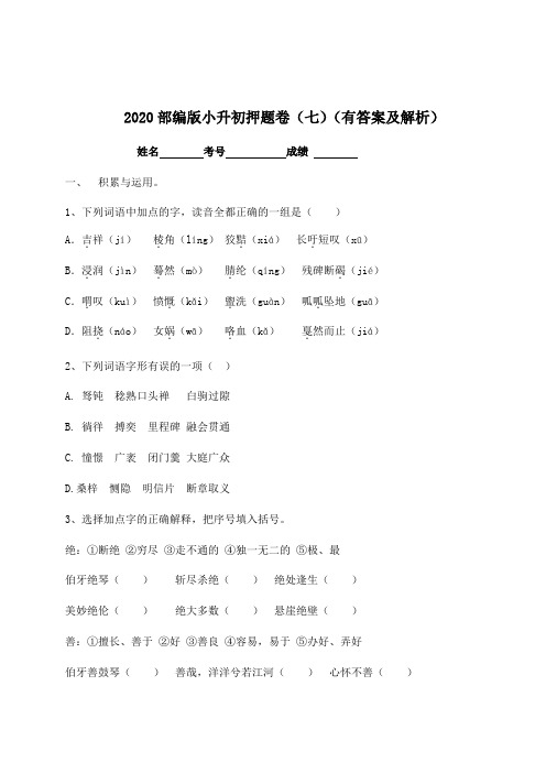 【名师预测】2020年小升初语文押题卷(七)-人教部编版(含答案,含解析)