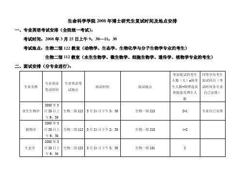 生命科学学院2008年博士研究生复试时间及地点安排