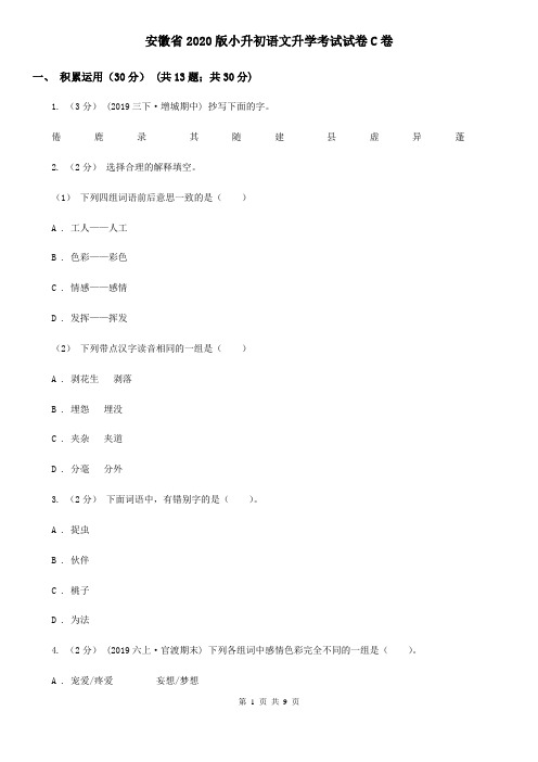 安徽省2020版小升初语文升学考试试卷C卷(新版)