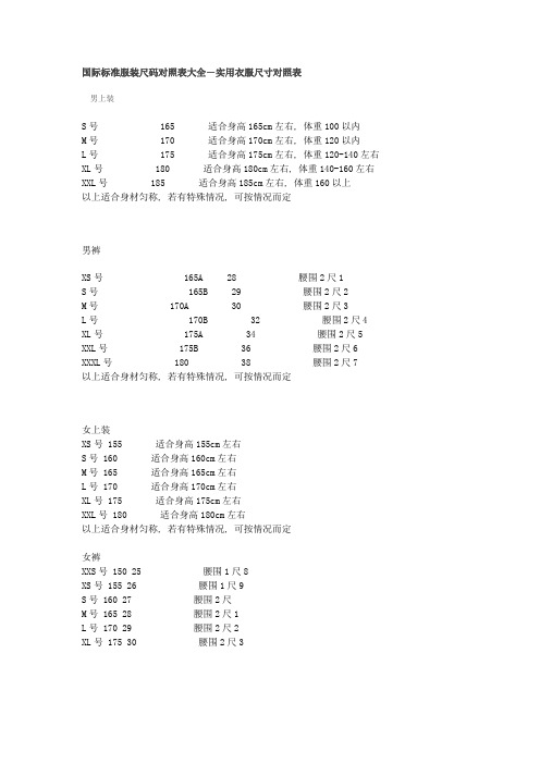 国际标准服装尺码对照表大全-实用衣服尺寸对照表