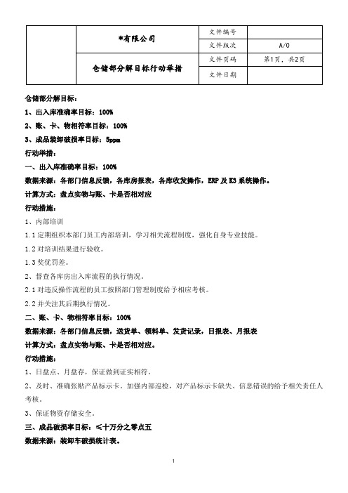 仓储部质量目标及行动措施