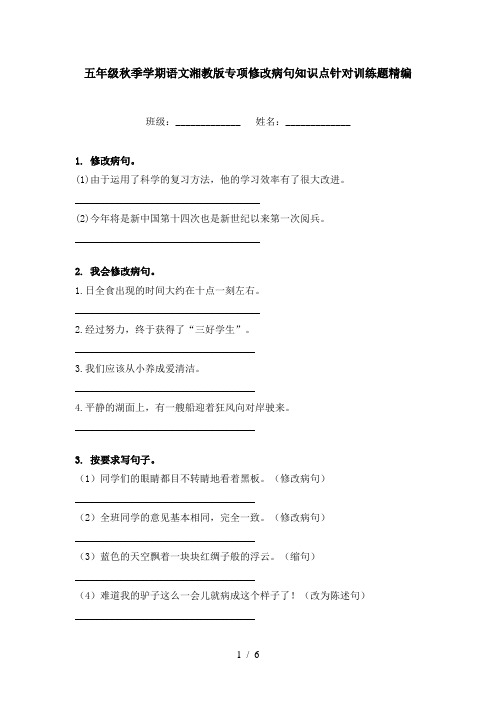 五年级秋季学期语文湘教版专项修改病句知识点针对训练题精编