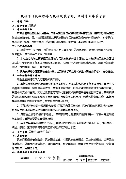 民族学(民族理论与民族政策方向)本科专业培养方案