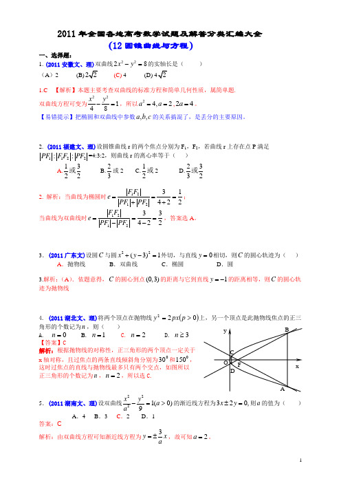 2011年全国各地高考数学试题及解答分类汇编大全(12圆锥曲线与方程)