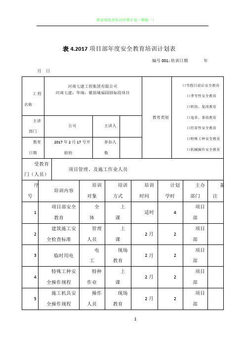 2017项目部年度安全教育培训计划表