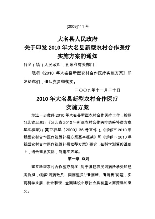 2010年大名县新型农村合作医疗实施方案